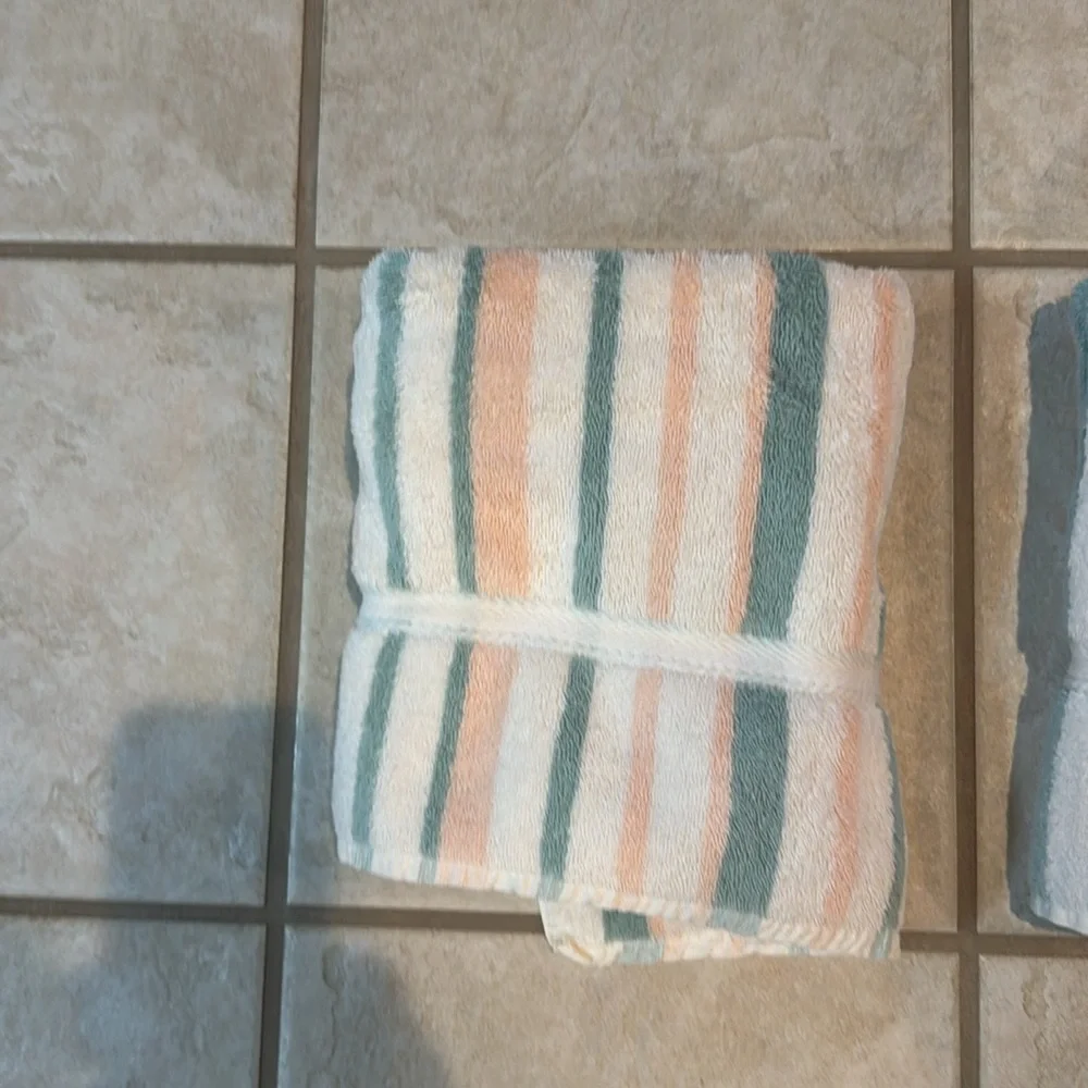 Pair of Caress Striped Vintage Towels in White, Peach, and Teal Cotton